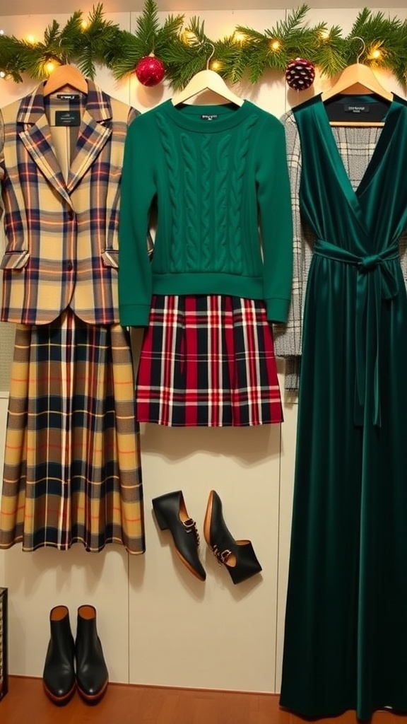 A collection of elegant Christmas outfits inspired by Ralph Lauren, showcasing plaid, knitwear, and velvet styles.